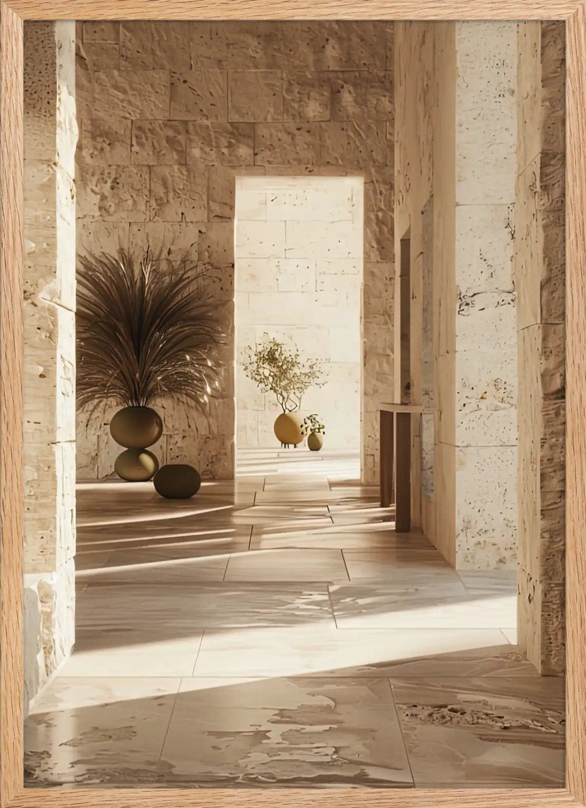 Le Couloir aux Vases — Minimalistisk väggaffisch guld med kalksten och pampa