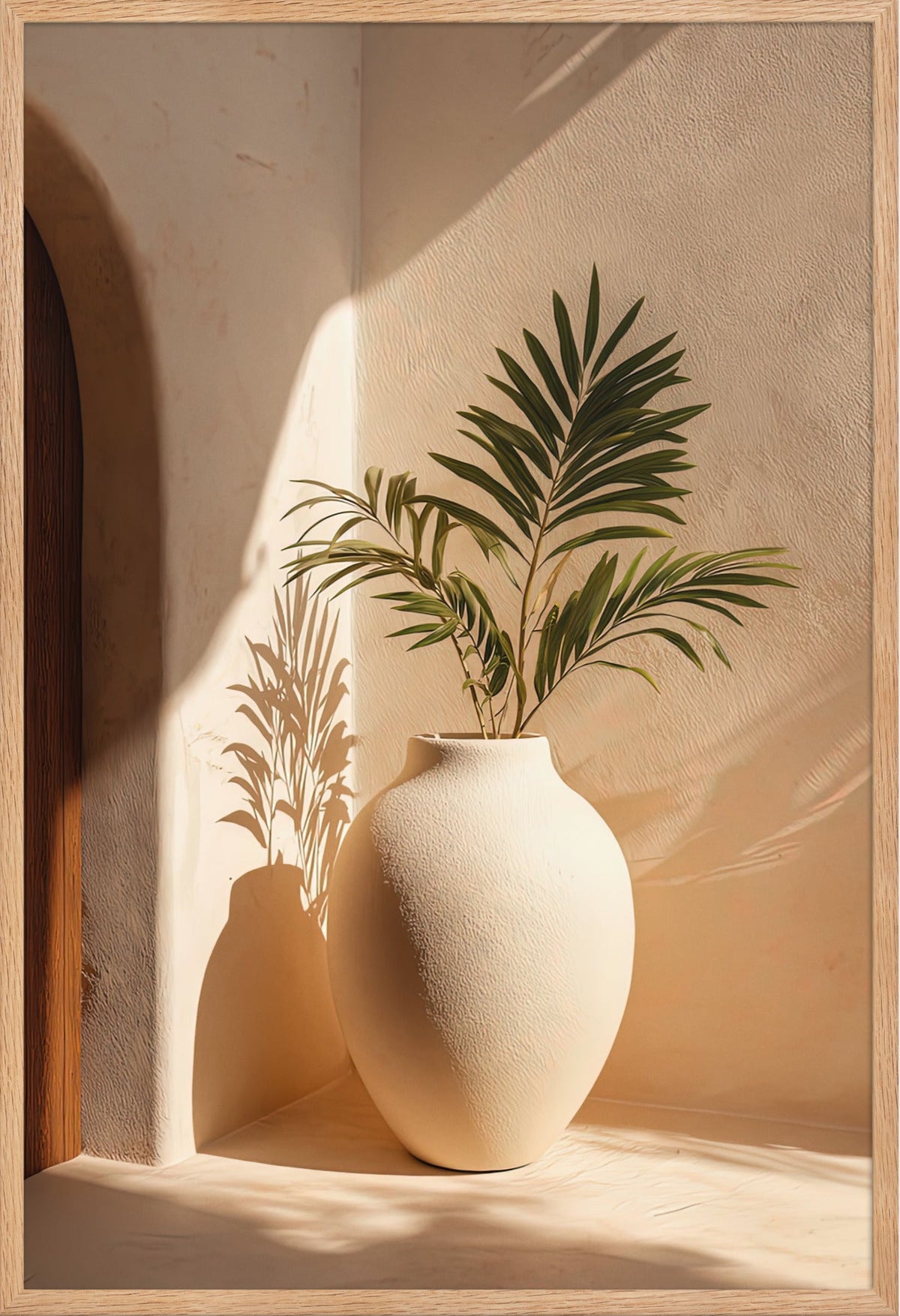 Die Vase unter der Palme — gerahmt in massiver Eiche, 61 × 91 cm