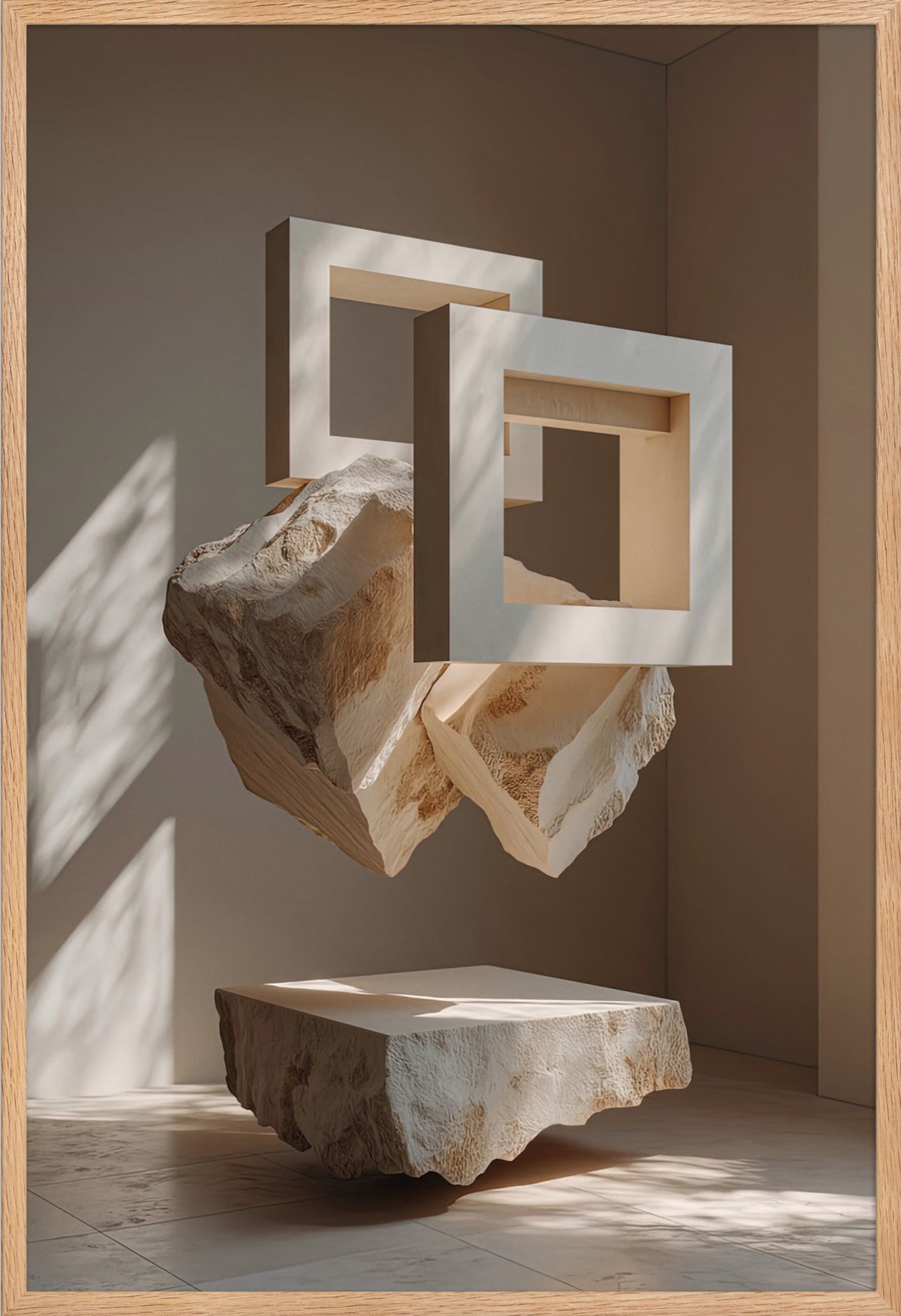 Der Schwebende Stein — gerahmt in massiver Eiche, 61 × 91 cm