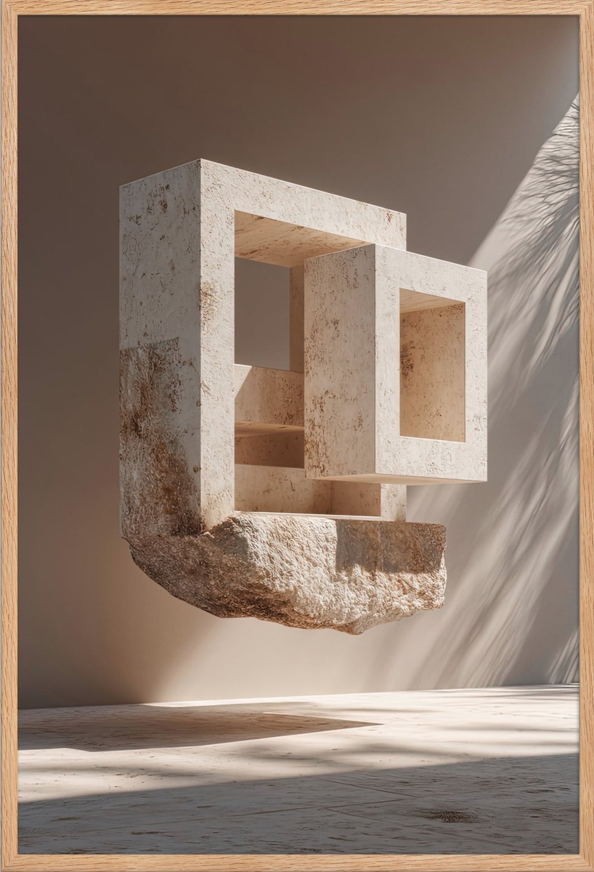 The Hollowed Block — framed in solid oak, 61 × 91 cm