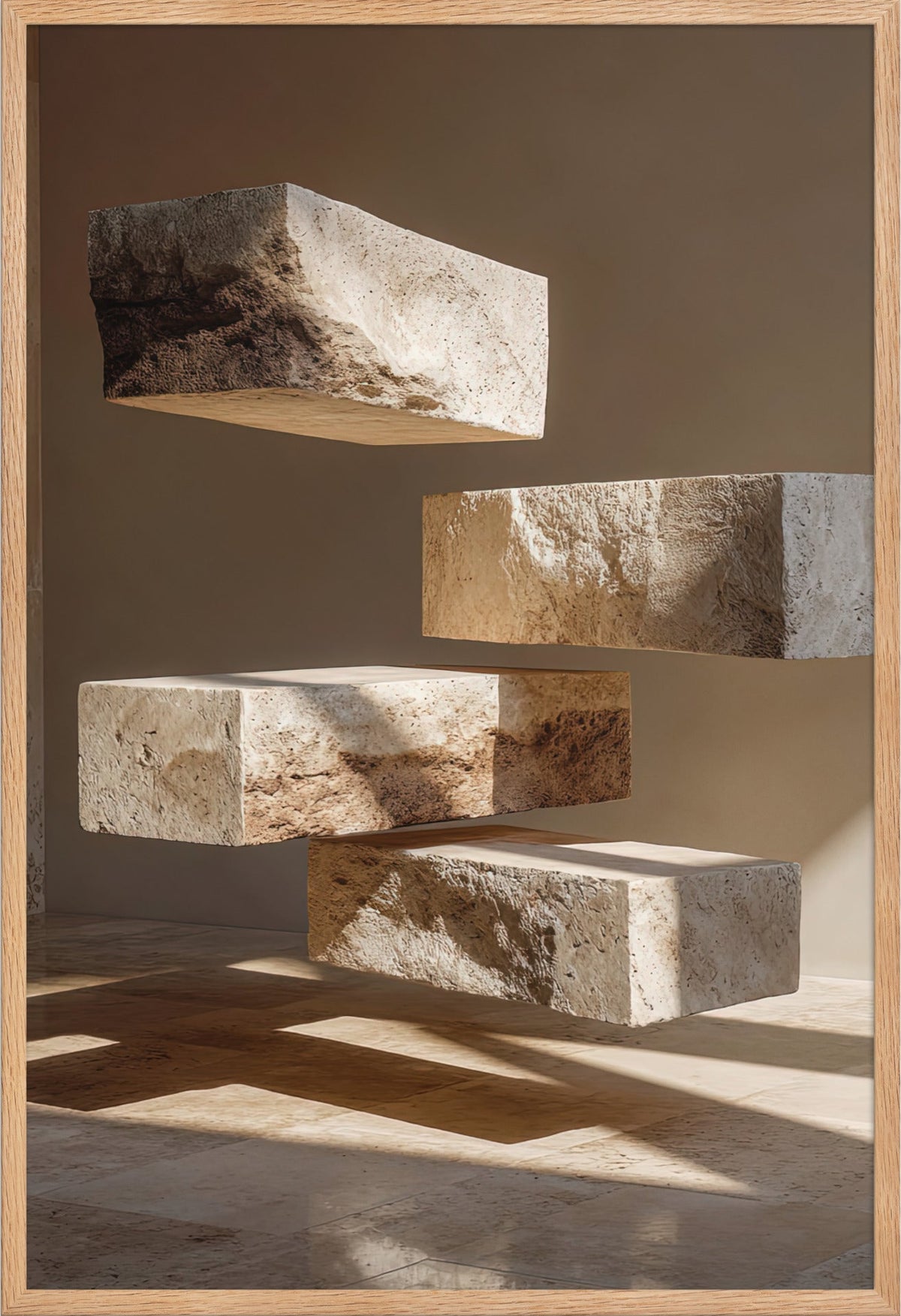 Die Schwebenden Blöcke — gerahmt in massiver Eiche, 61 × 91 cm