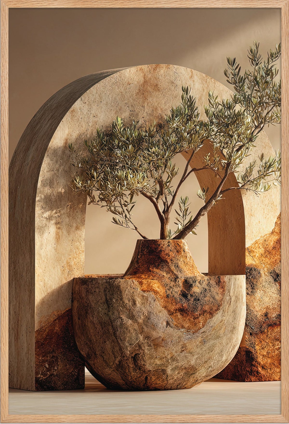The Olive Tree in the Bowl — framed in solid oak, 61 × 91 cm