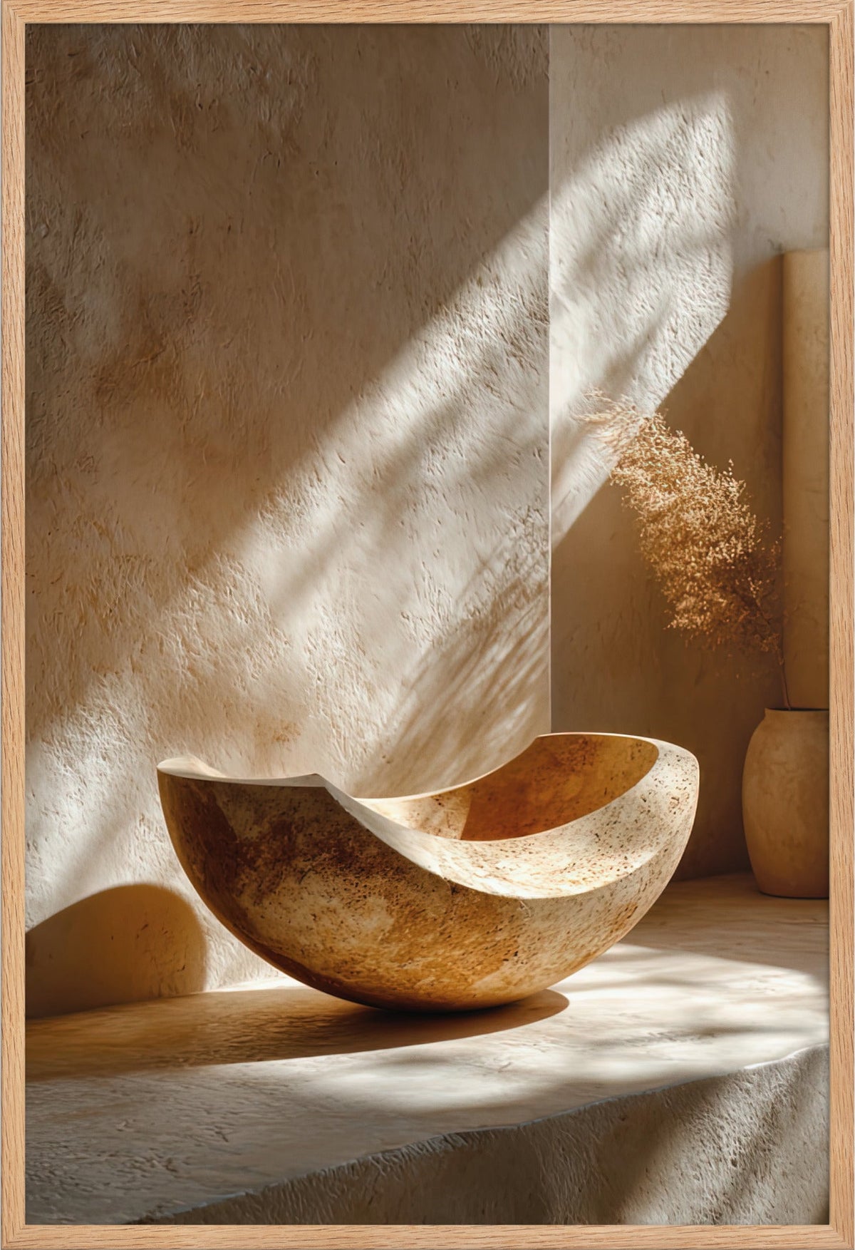 Die Travertinschüssel — gerahmt in massiver Eiche, 61 × 91 cm