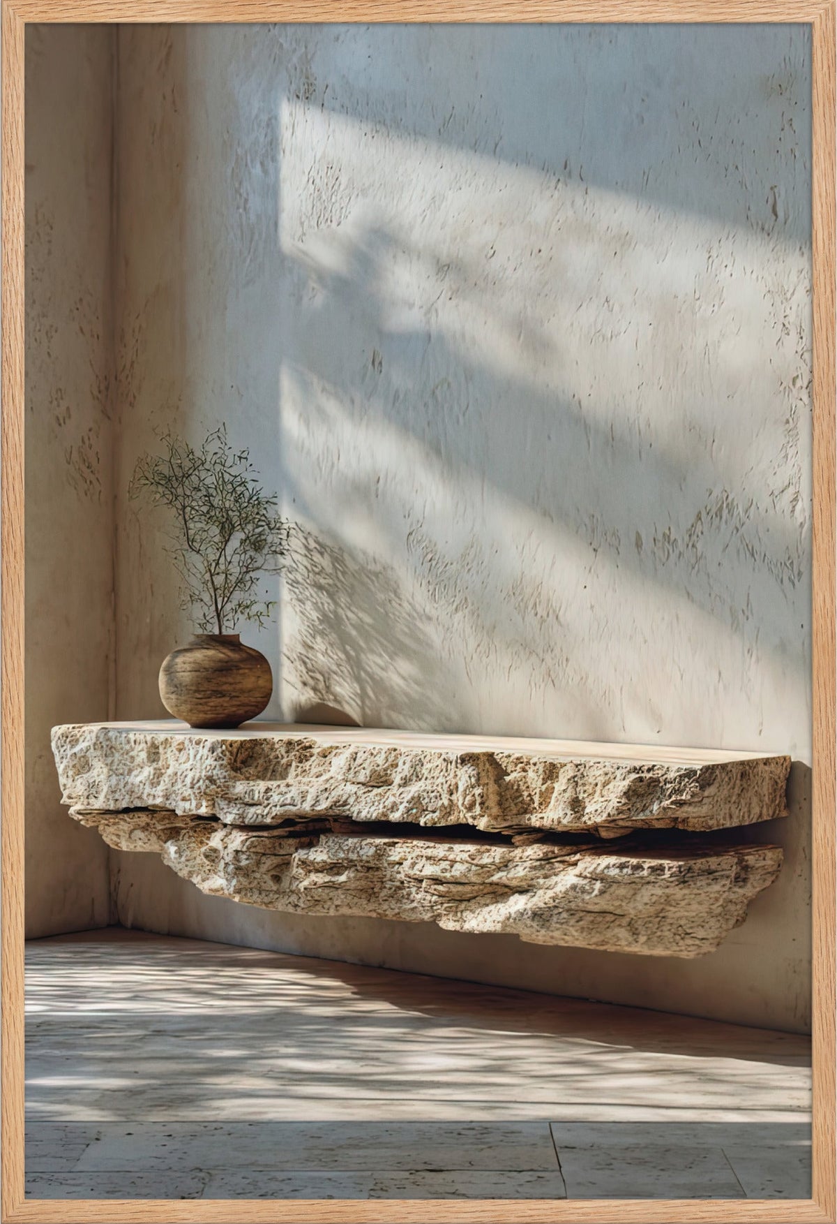 The Travertine Shelf — framed in solid oak, 61 × 91 cm