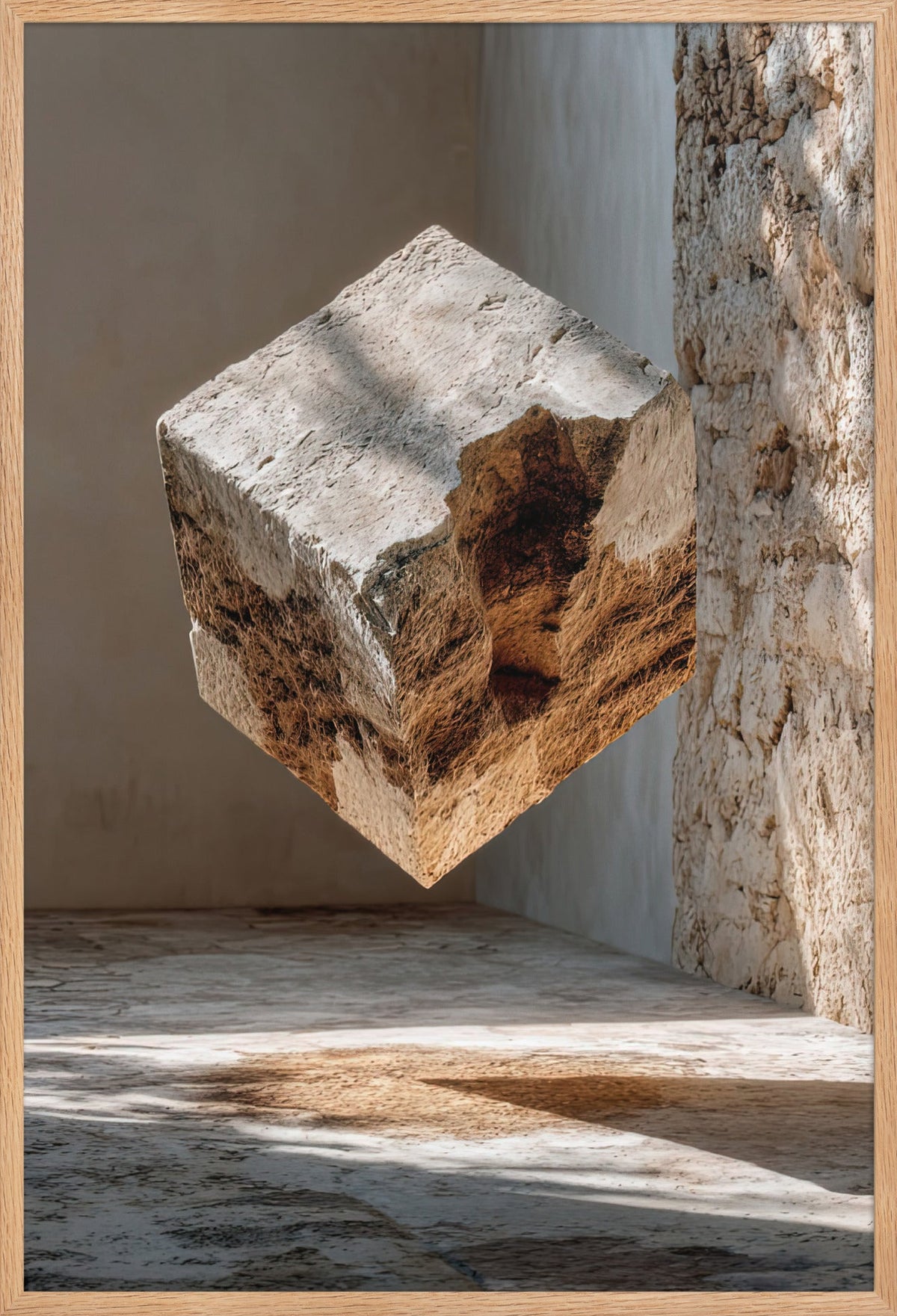 Il Cubo di Travertino — con cornice in rovere massello, 61 × 91 cm