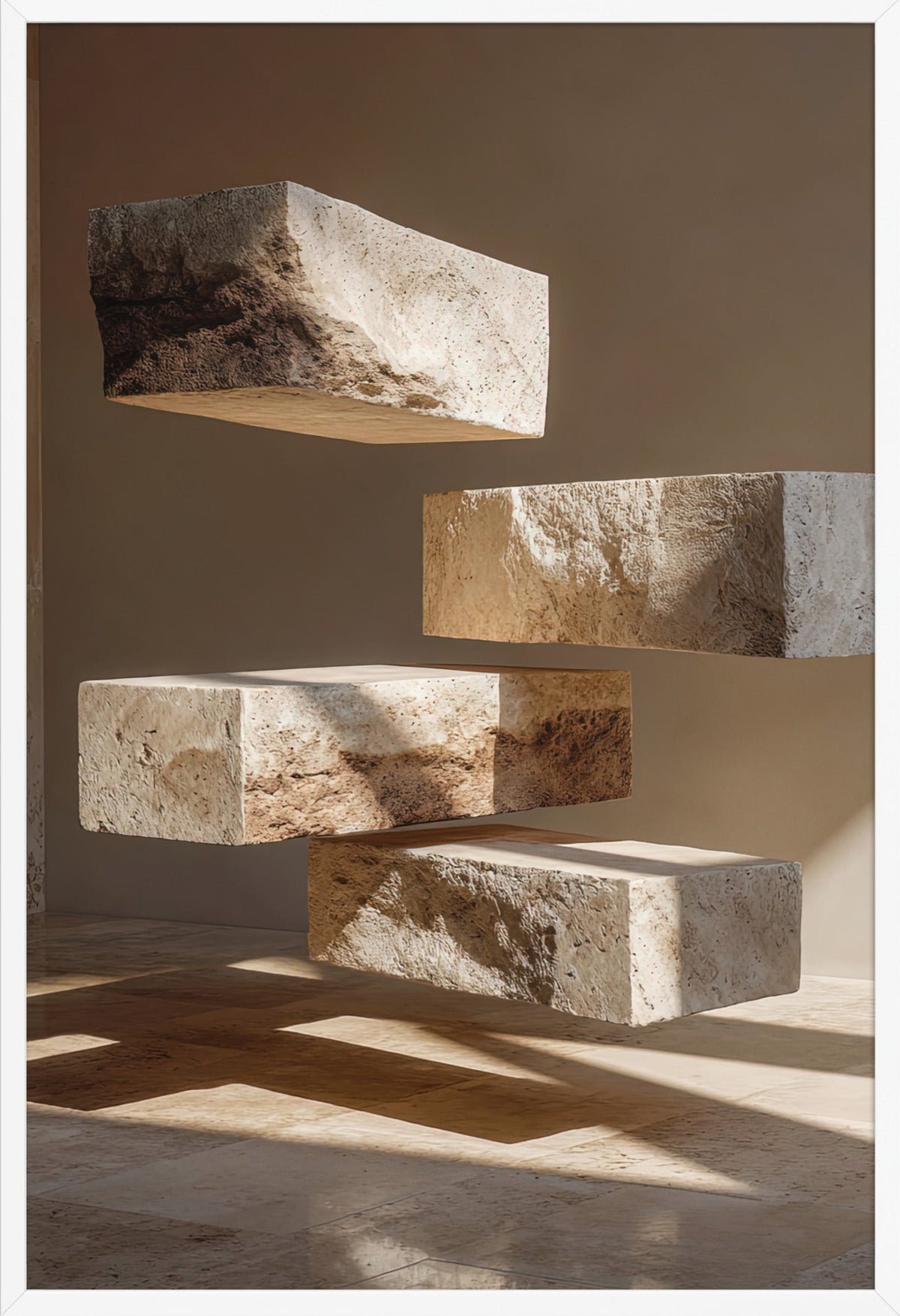 Die Schwebenden Blöcke — gerahmt in Weiß, 61 × 91 cm
