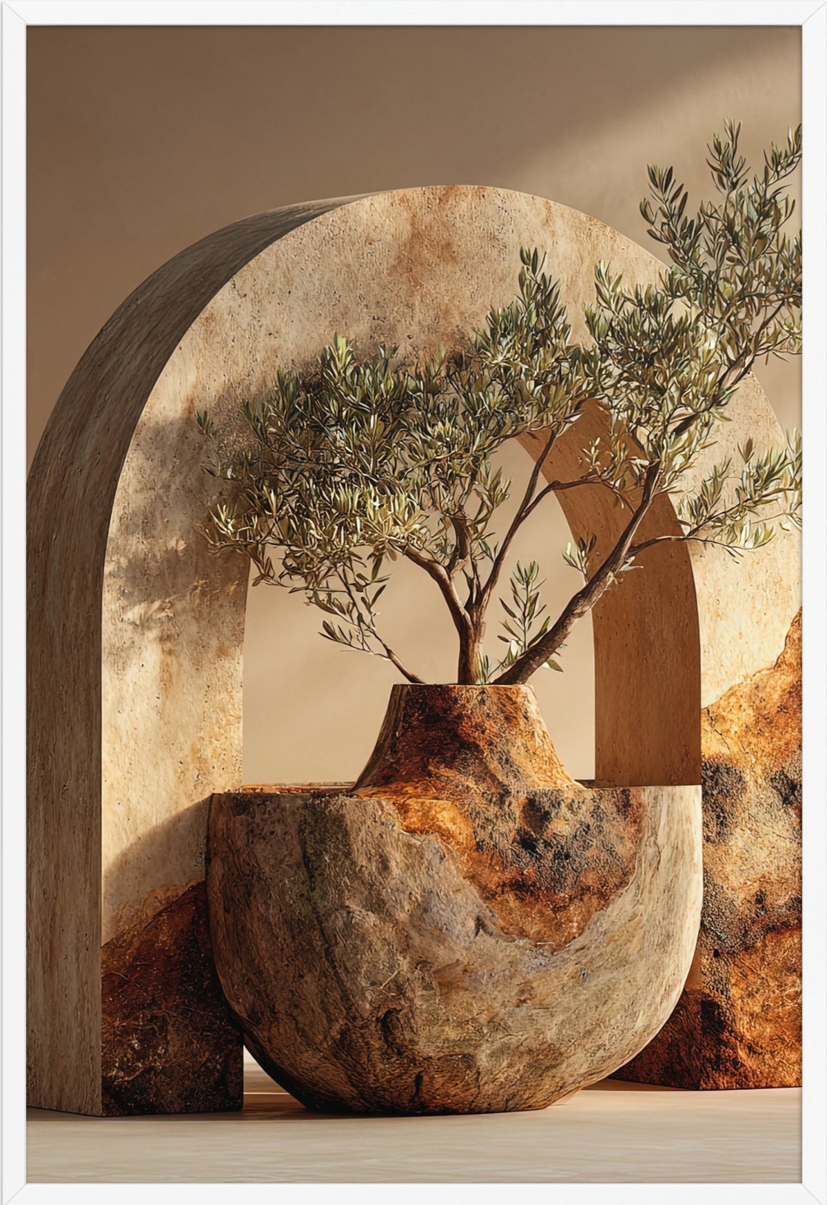 The Olive Tree in the Bowl — framed in white, 61 × 91 cm
