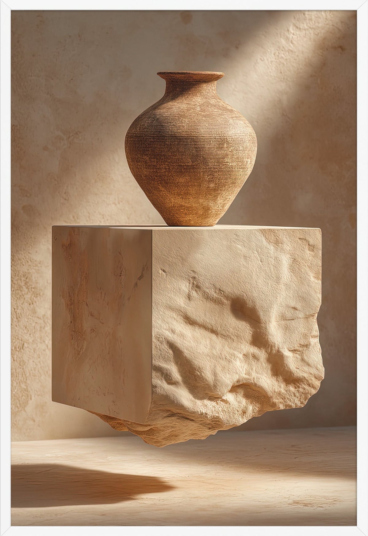 The Vase on the Rough Block — framed in white, 61 × 91 cm