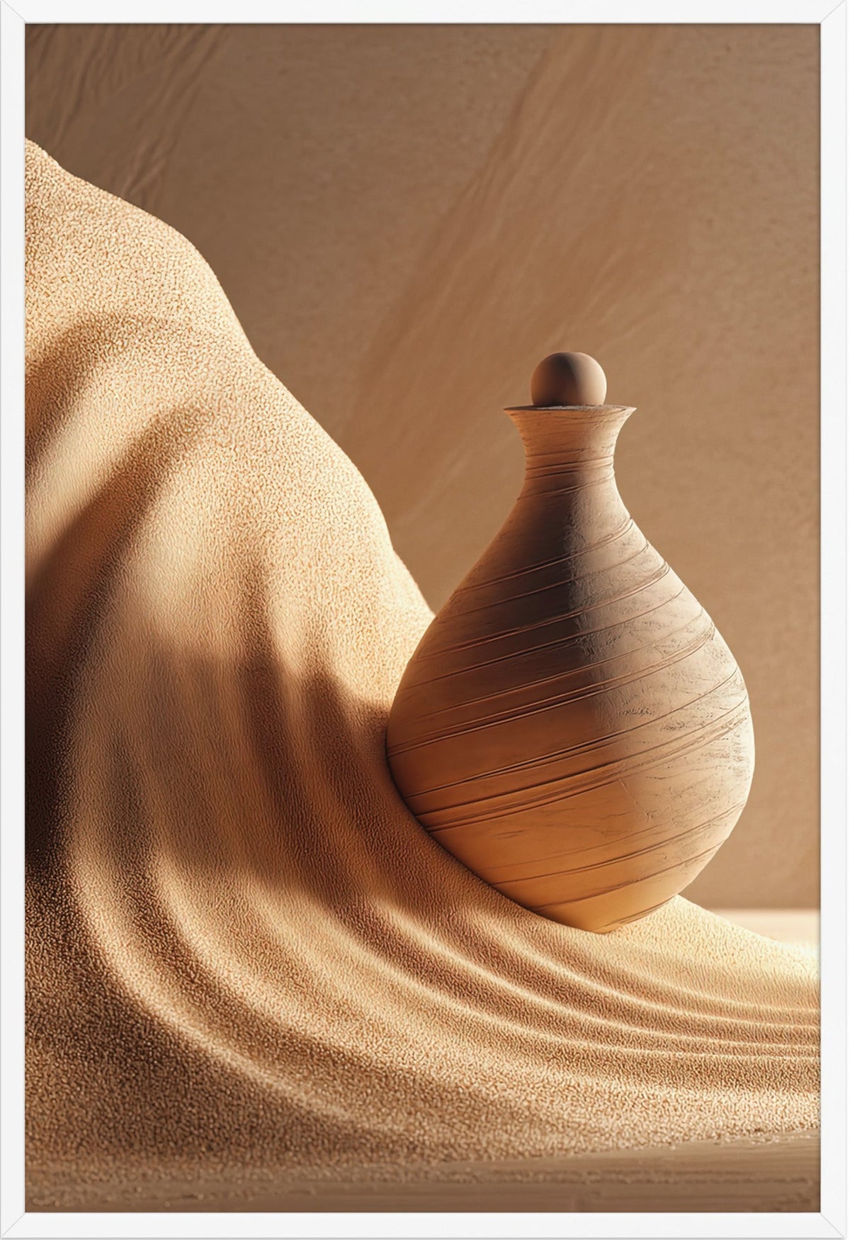 The Flask in the Dunes — framed in white, 61 × 91 cm