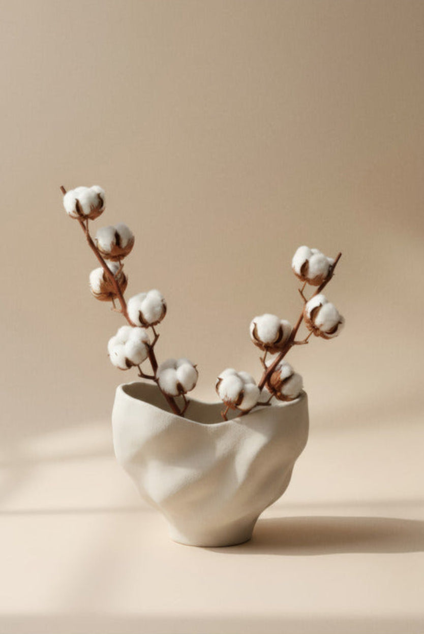 Vase Froissé & Coton — Affiche murale minimaliste blanc et beige inspiration botanique — affiche murale minimaliste | Cassili-home
