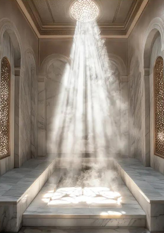 Das Hamam — Orientalisches Licht, minimalistisches Wandbild in Weiß und Gold