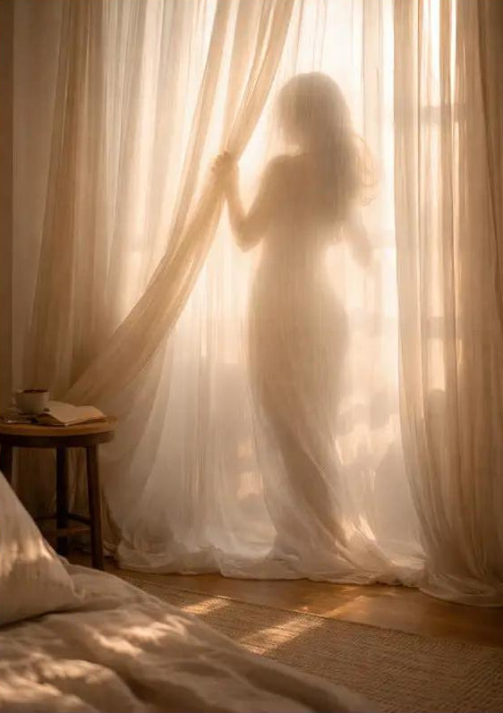 Le Voile du Matin — Póster mural minimalista dorado silueta mujer