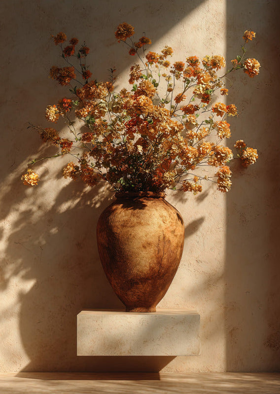 Poster The Ochre Bouquet — a bouquet of ochre dried flowers in a terracotta vase, size 50 × 70 cm