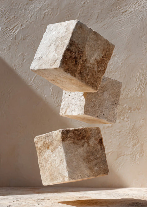 Poster The Three Cubes — three pale stone cubes stacked as if weightless, size 50 × 70 cm