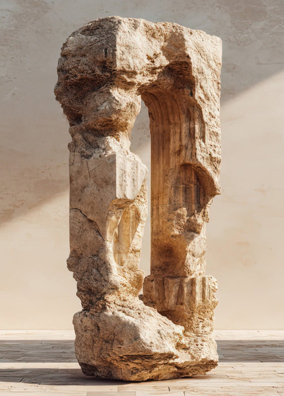 Poster Die gebrochene Säule — ein antikes Säulenfragment aus Kalkstein, mit einem ausgehöhlten Bogen, Format 50 × 70 cm