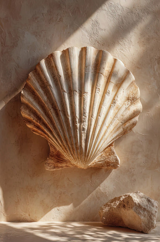 Poster Die Steinmuschel — eine aus Kalkstein gemeißelte Jakobsmuschel, Format 61 × 91 cm