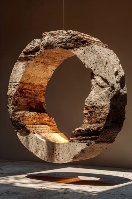 Poster De Stenen Halo — een stenen ring met okerkleurige lagen, hangend in het avondlicht, formaat 61 × 91 cm