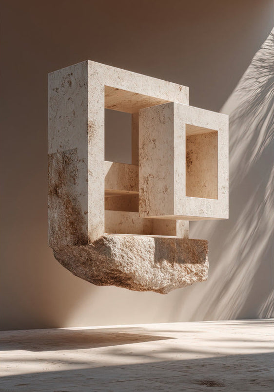Poster The Hollowed Block — a travertine block carved with regular cavities, size 70 × 100 cm