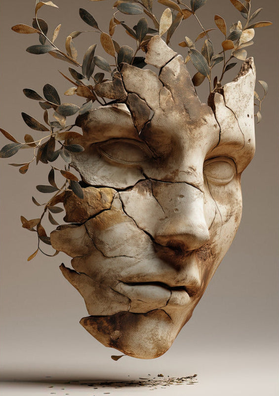 Poster La Maschera d'Ulivo — un volto di calcare spaccato da cui cresce un ulivo, formato 70 × 100 cm