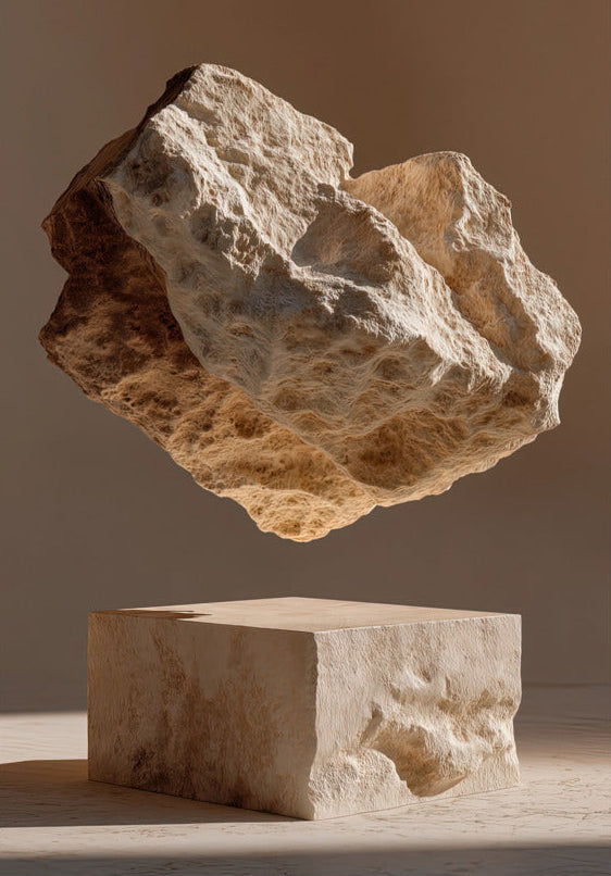 Poster Il Blocco Senza Peso — una roccia sospesa sopra un basamento tagliato, formato 70 × 100 cm