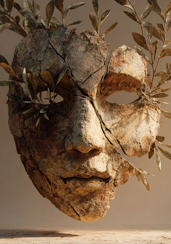 Poster Het Gebroken Masker — een gebroken stenen masker waaruit olijftakken groeien, formaat 70 × 100 cm