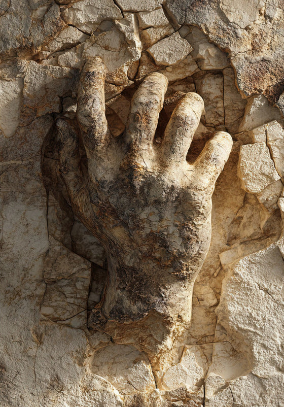 Poster De Hand in de Rots — een hand die uit een gebarsten stenen wand opduikt, formaat 70 × 100 cm