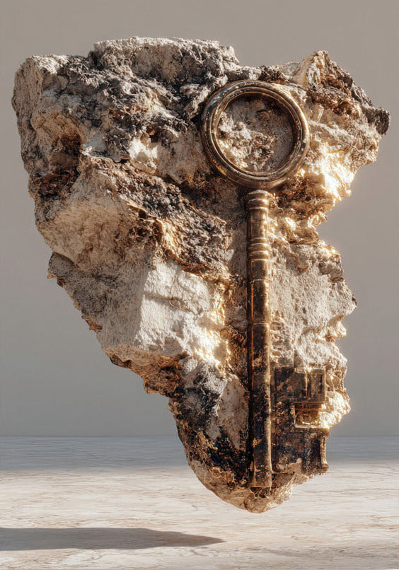 Poster Der Versiegelte Schlüssel — ein alter Schlüssel, eingeschlossen in einem schwebenden Felssplitter, Format 70 × 100 cm