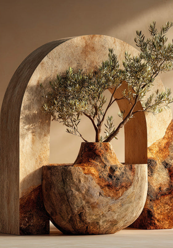 Poster The Olive Tree in the Bowl — a young olive tree planted in a stone basin before a travertine arch, size 70 × 100 cm