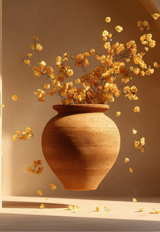 Poster Der Flug der Blütenblätter — eine Terrakottavase, deren goldene Blütenblätter davonfliegen, Format 70 × 100 cm