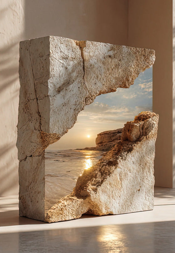 Poster Das Meer im Block — ein gespaltener Travertinblock, der den Blick auf das Meer und eine tiefe Sonne freigibt, Format 70 × 100 cm