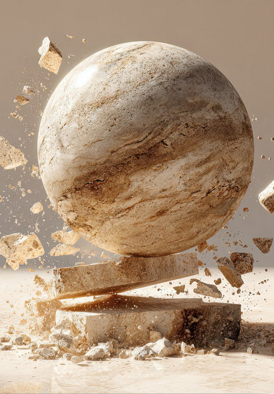 Poster The Sphere and the Shard — a veined stone sphere shattering on a slab, size 70 × 100 cm