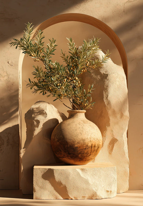 Poster Il Riparo dell'Ulivo — un giovane ulivo in un vaso di terracotta, riparato da un arco di pietra chiara, formato 70 × 100 cm