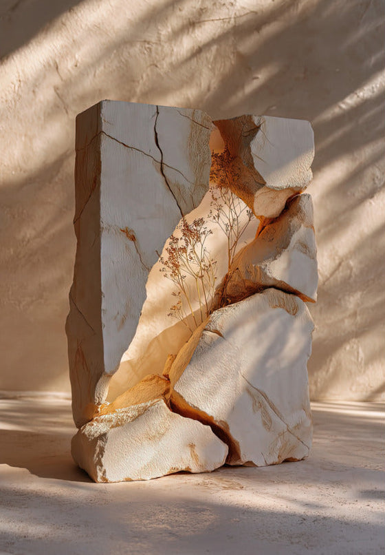 Poster The Split Marble — a block of white marble crossed by an ochre and golden crack, size 70 × 100 cm