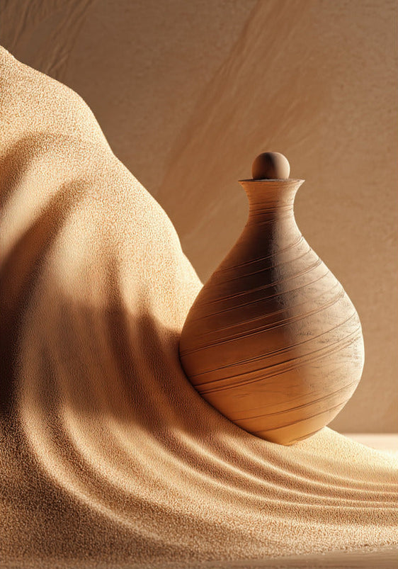 Poster The Flask in the Dunes — a terracotta flask resting in the hollow of a sand dune, size 70 × 100 cm