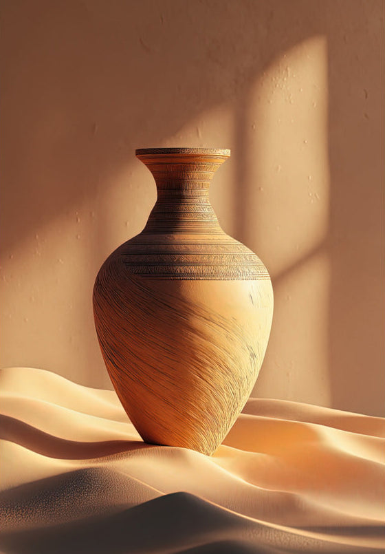 Poster The Amphora on the Dunes — a terracotta amphora resting on the curves of a sand dune, size 70 × 100 cm
