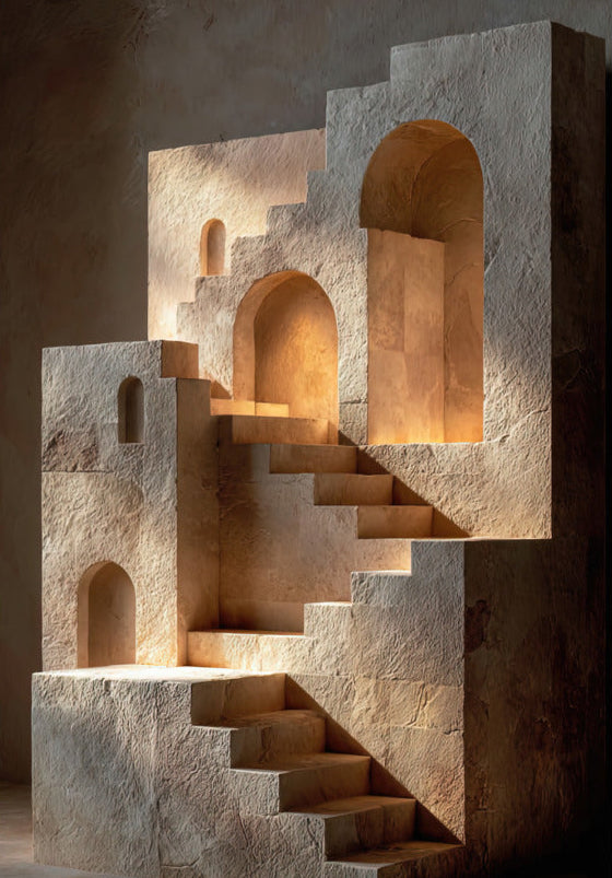 Affiche L’Escalier Impossible — des escaliers de pierre emboîtés entre des arches, en perspective impossible, format 70 × 100 cm