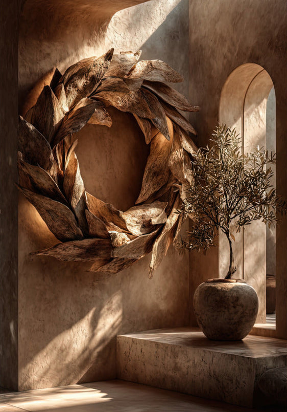 Poster The Olive Wreath — a wreath of olive leaves carved in stone, on a limewashed wall, size 70 × 100 cm