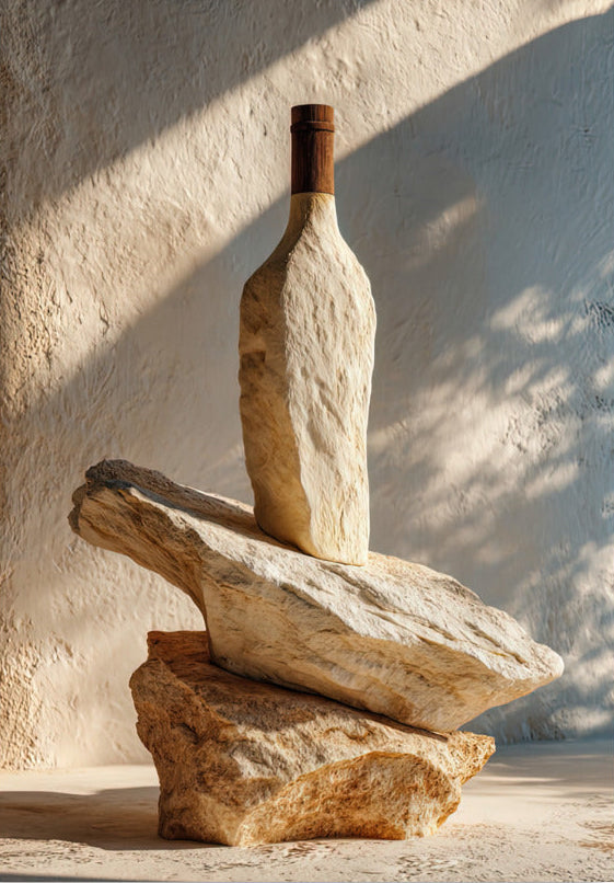 Poster La Bottiglia d'Olio — una bottiglia d'olio scolpita nella pietra, in equilibrio su rocce, formato 70 × 100 cm