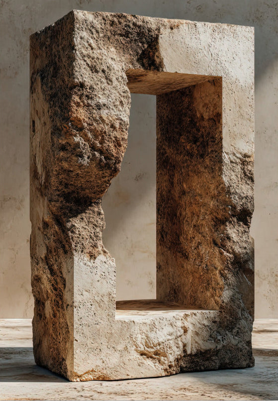 Poster The Stone Aperture — a raw limestone block pierced by a rectangular opening, size 70 × 100 cm