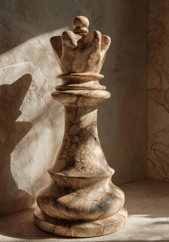 Poster Der Marmorkönig — ein monumentaler Schachkönig aus braun geädertem Stein, Format 70 × 100 cm