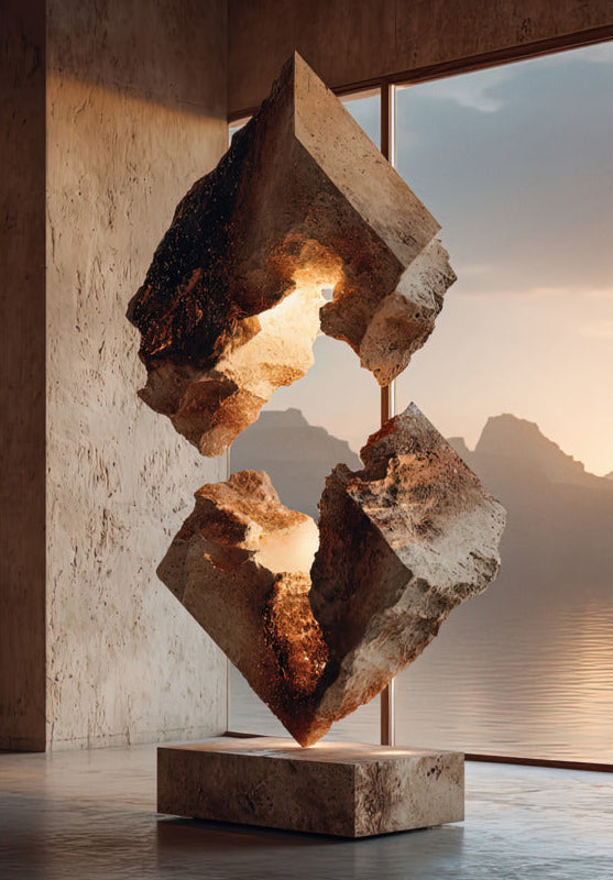 Poster The Split Stone — a block of travertine split in two, floating in front of the sea at sunset, size 70 × 100 cm