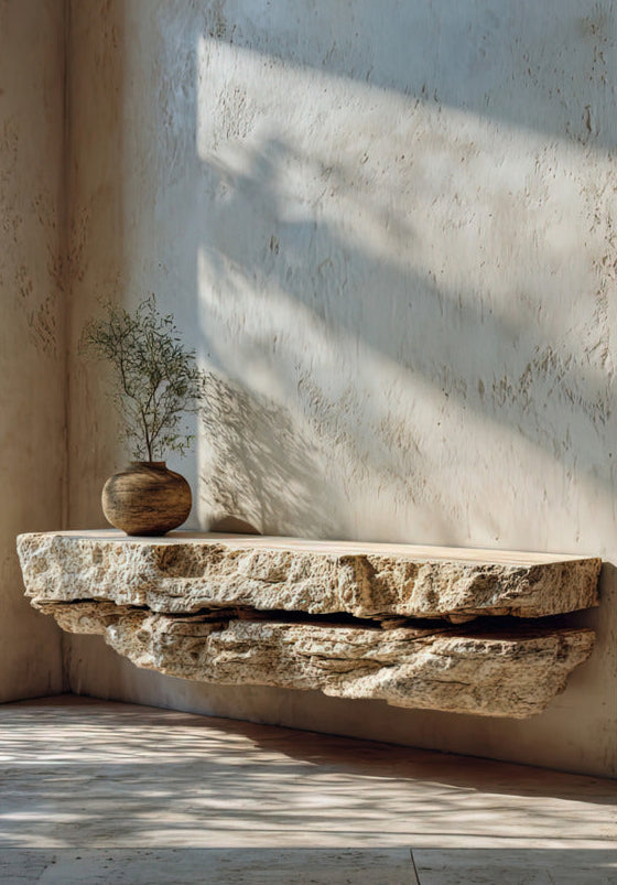 Poster The Travertine Shelf — a raw travertine slab fixed to the wall, with a small potted olive tree, size 70 × 100 cm