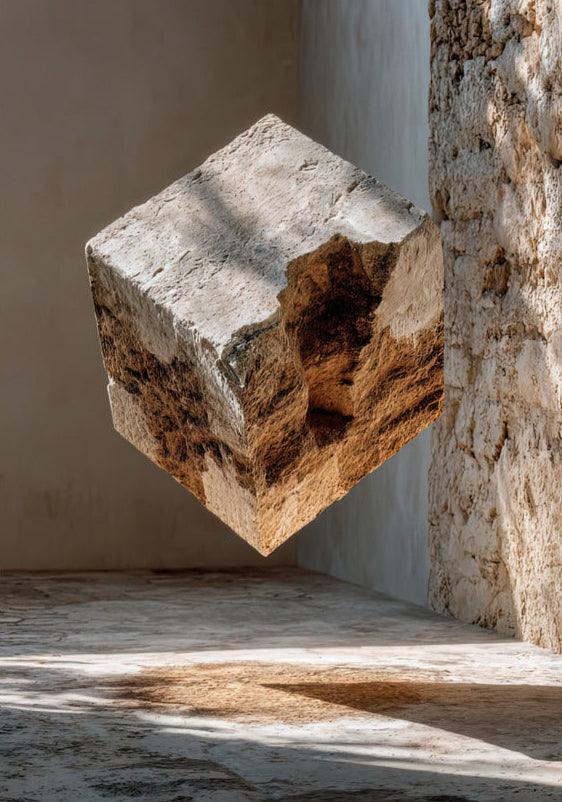Poster Il Cubo di Travertino — un cubo di travertino che fluttua nell'angolo di una stanza soleggiata, formato 70 × 100 cm