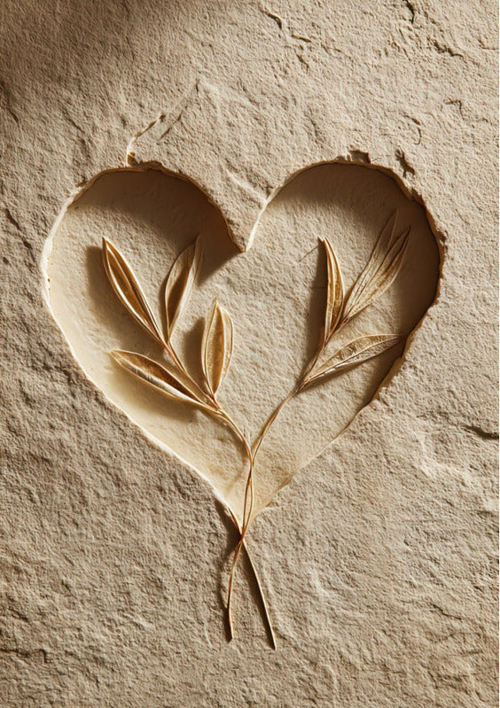 Poster The Two-Branch Heart — a heart hollowed into rock, where two olive branches cross, size 70 × 100 cm