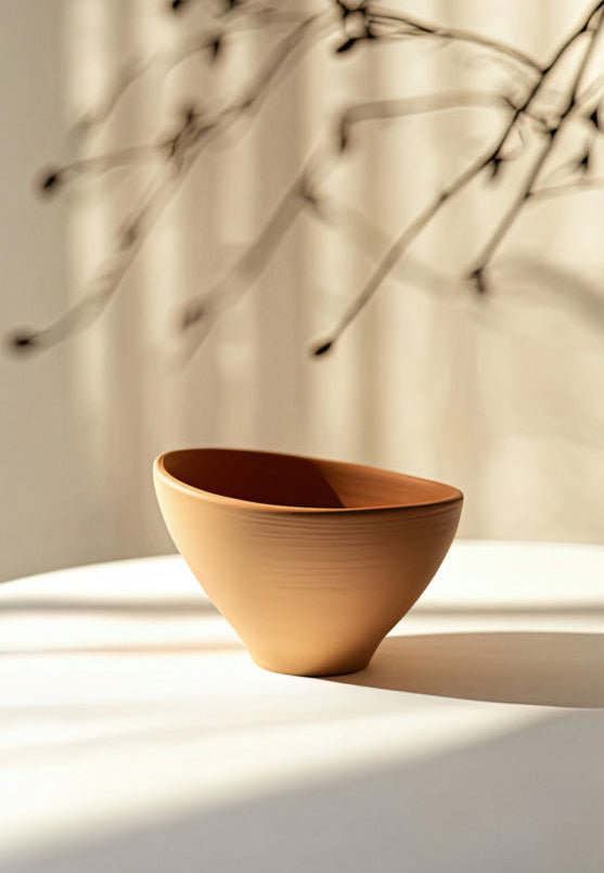 Poster Die irdene Schale — eine Terrakottaschale auf einem weißen Tisch, unter den Schatten feiner Zweige, Format 70 × 100 cm