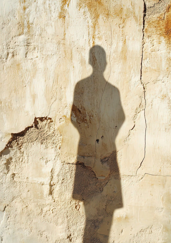 Affiche La Silhouette sur la Chaux — l’ombre allongée d’une silhouette invisible sur un vieux mur blanchi à la chaux, format 70 × 100 cm