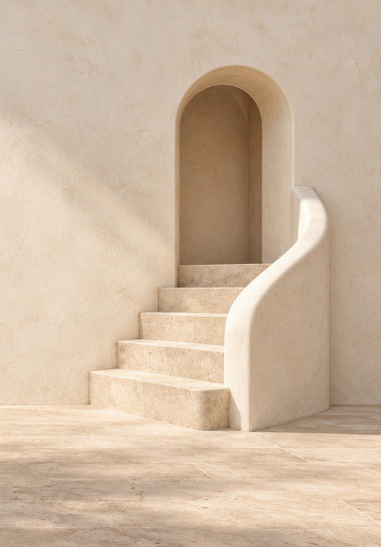 De Gekalkte Trap, minimalistische muurposter beige gekalkte trap en boog — Cassili-home