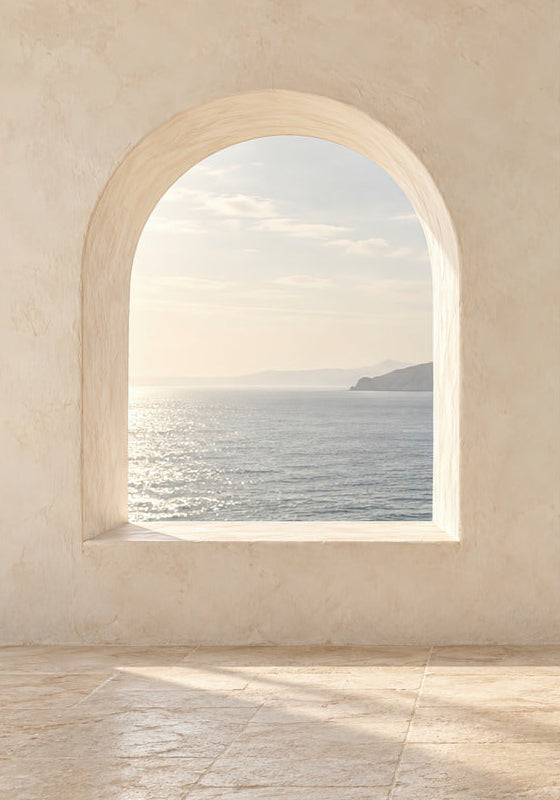 The Arch over the Bay, minimalist wall poster beige arched window over the sea — Cassili-home