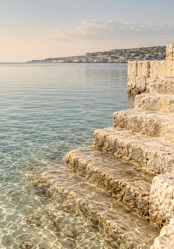 Steps into the Water, minimalist wall poster beige stone steps in the sea — Cassili-home