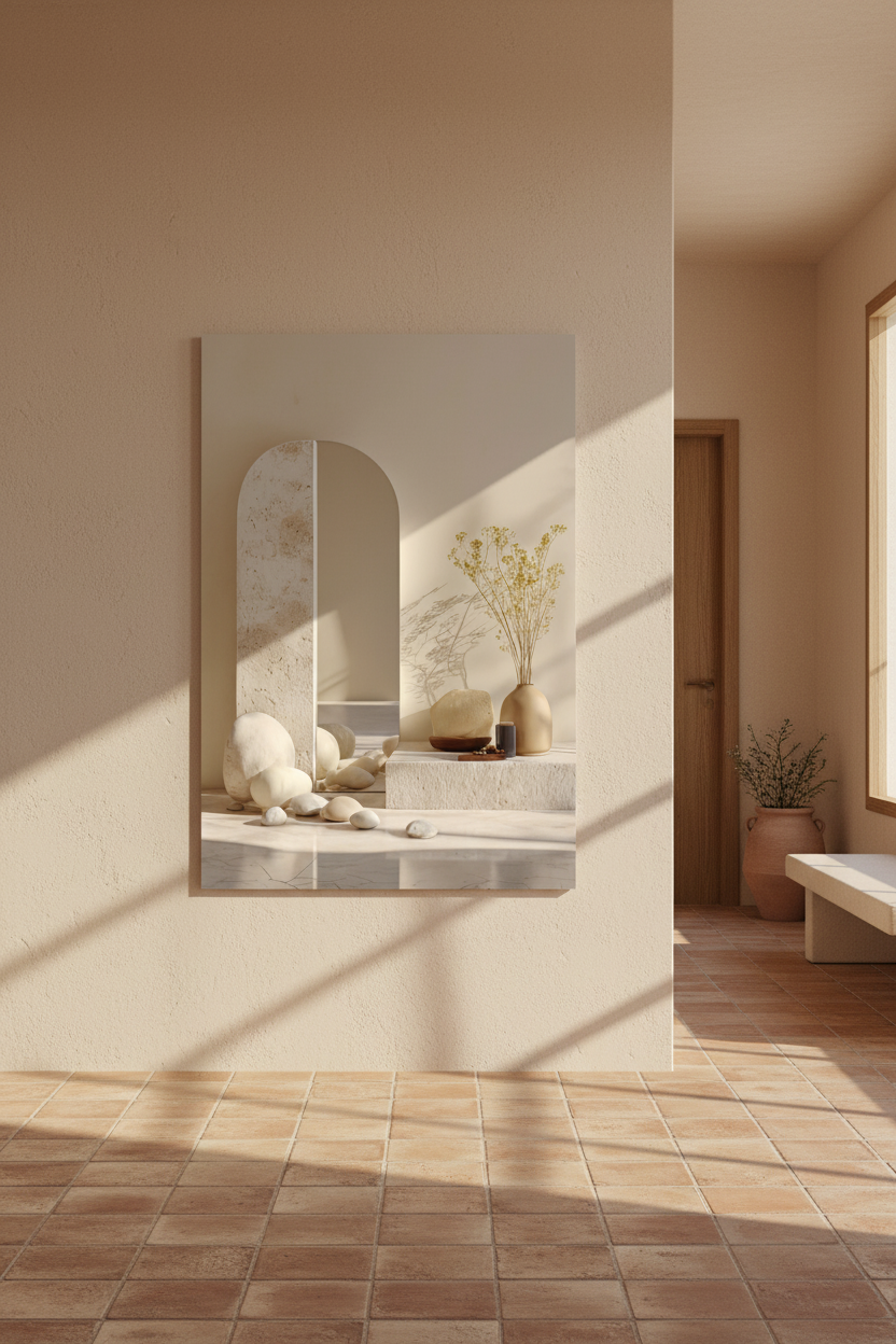 The Threshold Composition poster in a Mediterranean entryway — ivory terrazzo arched mirror and white pebbles
